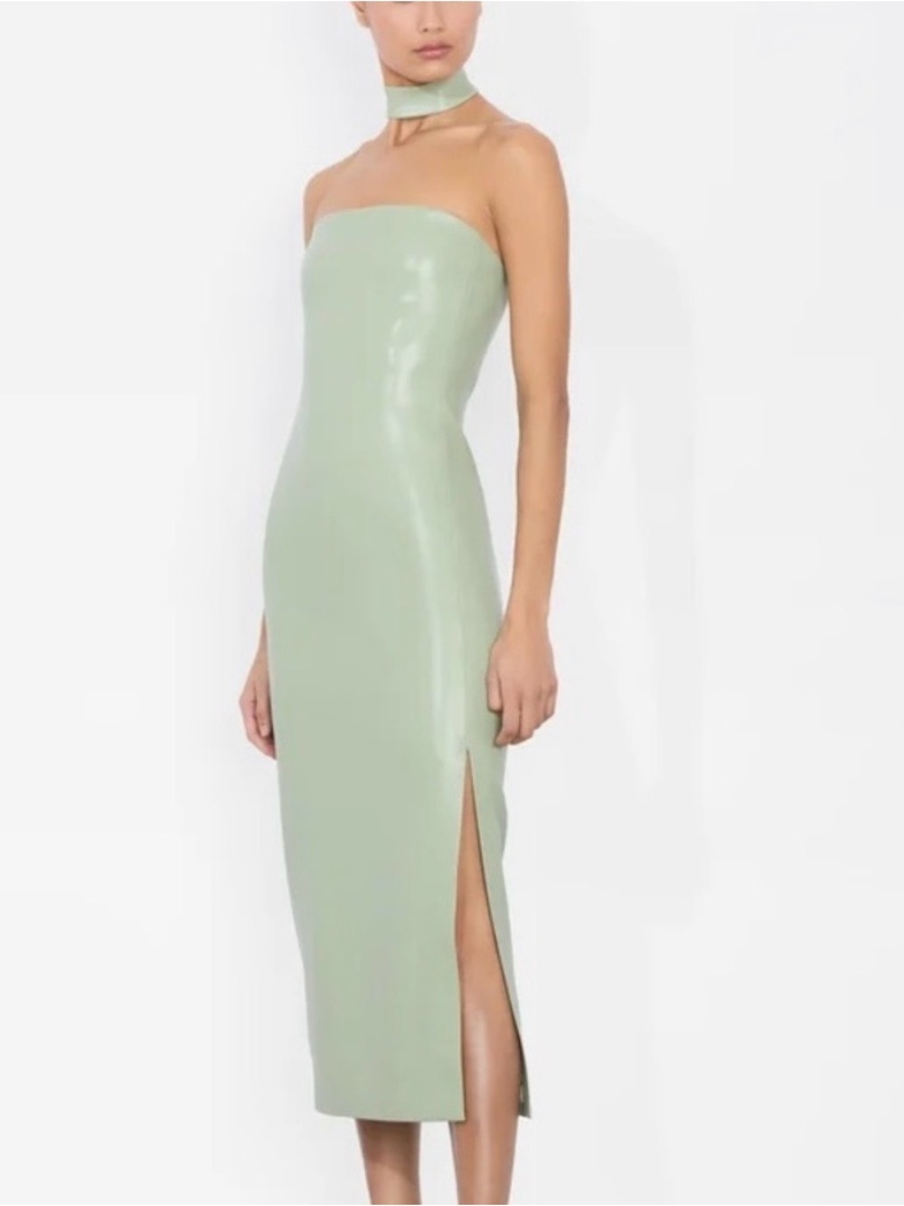 Alice + Olivia Vegan Leather Sage Green Strapless Midi Dress with Choker